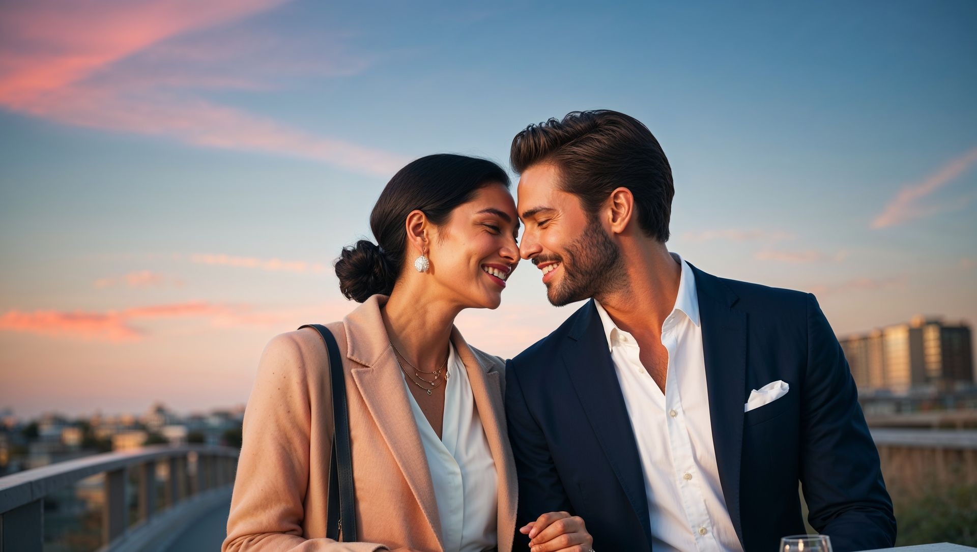 A couple is seen sharing an intimate, joyful moment at sunset. They are smiling warmly, leaning in close to each other, symbolizing a deep connection. 